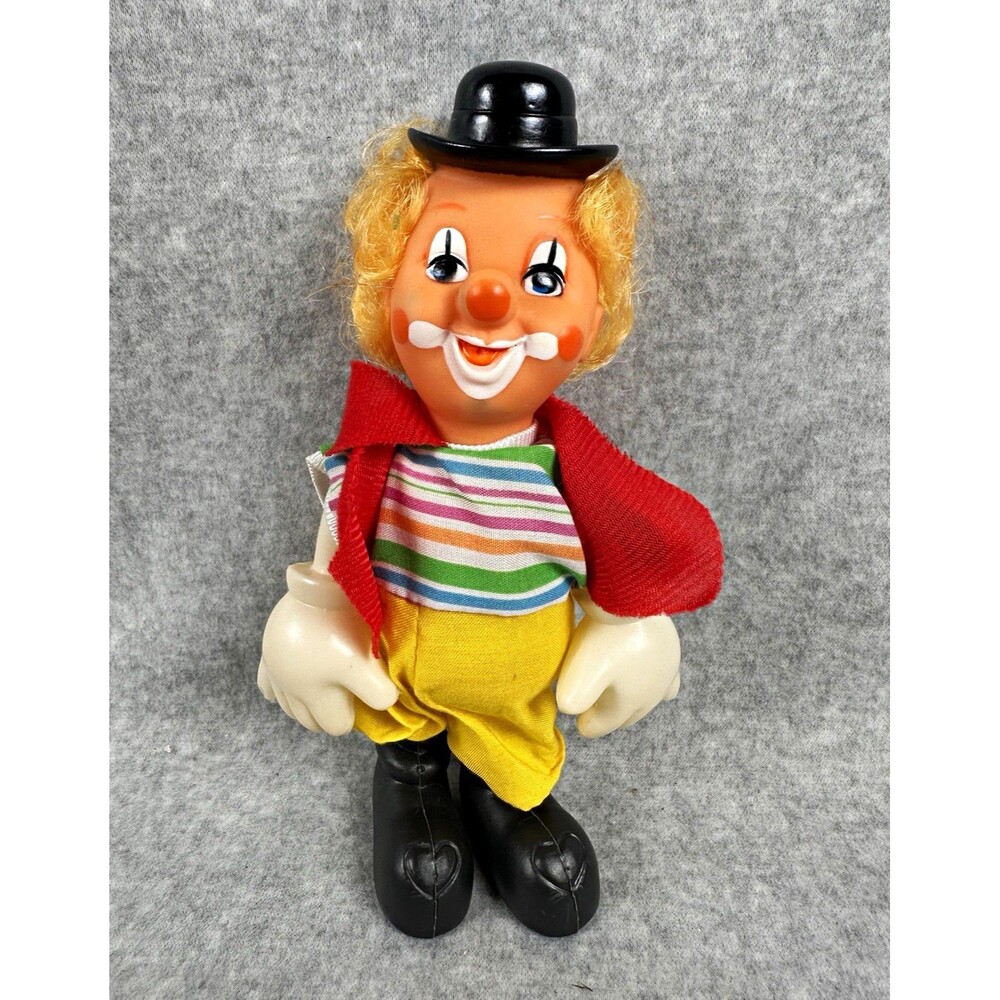 Vintage Clown Boy Doll Figure 9in Blonde Curly Hair Blue Eyes Hat Outfit